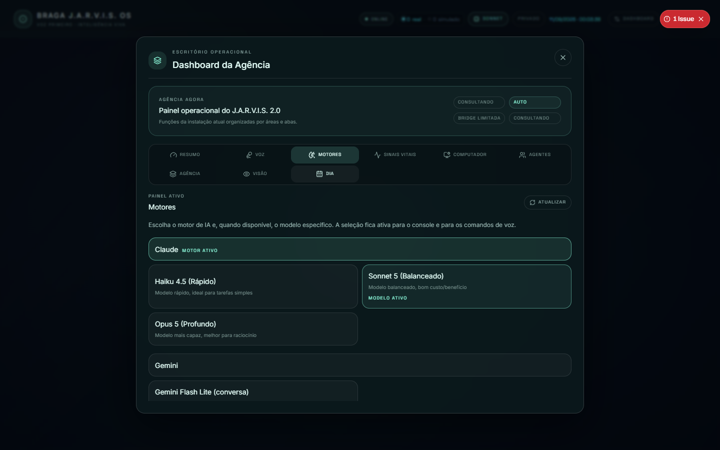 Painel real de modelos e agentes do JARVIS OS 2.0